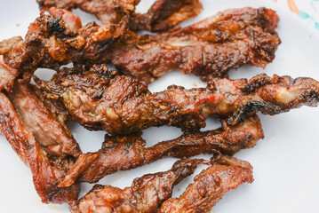 close-up overhead shot of several pieces of cooked, grilled, or fried meat served on a plate