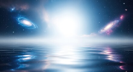 Surreal cosmic landscape with distant galaxies and water reflection