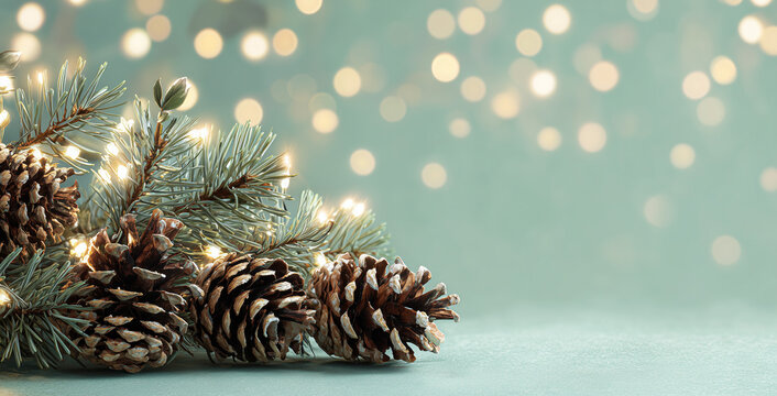 Christmas pine branch with lights and pine cones