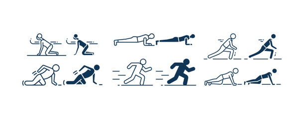 Obraz premium Vector art of set of human silhouette icons showing various sports and fitness movements