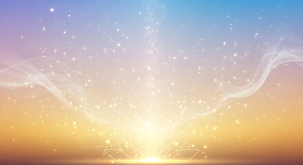 Radiant lotus blooming with ethereal light particles and flowing energy, symbolizing peace and...
