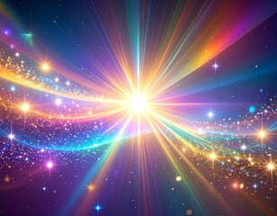 Fantasy sparkle overlay with glass prism shine and rainbow refraction, glowing lens flare burst with colorful iridescent glare and bright star reflection