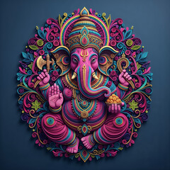 Vibrant Pink Ganesha Idol in a Detailed Paper Cut Design on a Dark Blue Background