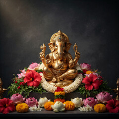 Golden Ganesha Idol Seated on an Altar with Vibrant Flowers and Garland against a Dark Background