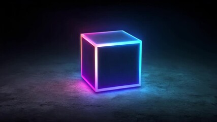 Glowing neon cube shines in a dark space with colorful lights - Powered by Adobe