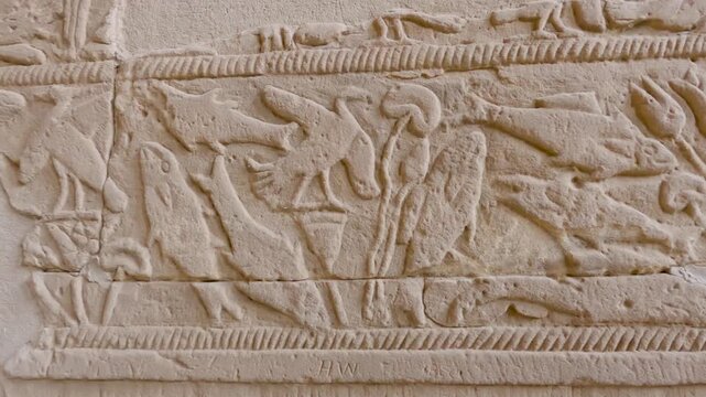 Hieroglyphic carvings on an ancient egyptian temple wall