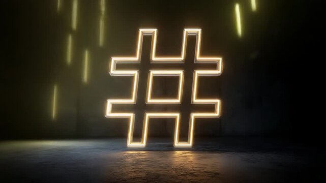 Bright neon hashtag symbol shines in darkened room