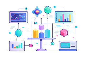 
Modern digital workspace showing artificial intelligence technology with holographic data analytics and virtual dashboards. A professional working on a laptop surrounded by futuristic AI visualizatio