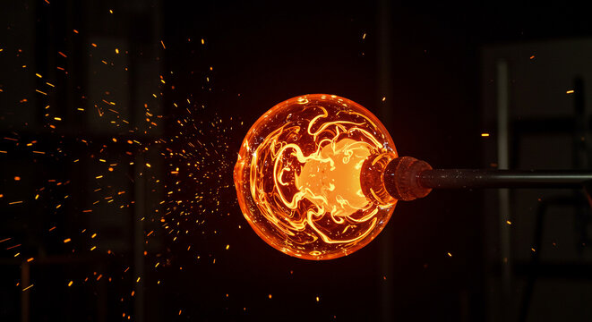 Molten glass glowing intensely with intricate patterns being shaped on a blowpipe in a dark studio