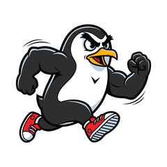 Cartoon penguin running enthusiastically in red sneakers