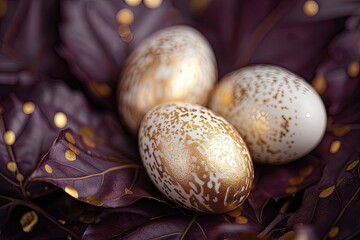 Three ornate white eggs with gold detailing rest in a bed of dark purple leaves adorned with gold speckles.  Close-up, shallow depth of field