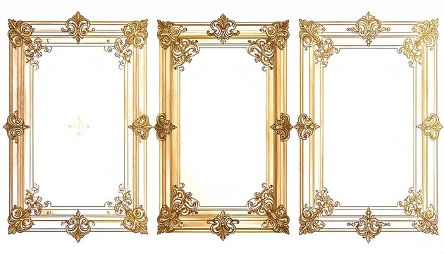 Three ornate, gold-toned picture frames with elaborate, symmetrical designs and subtle color variations