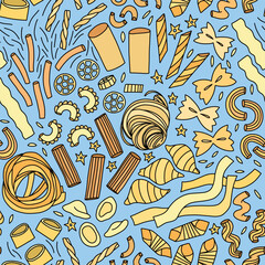 Seamless pasta pattern with macaroni, farfalle, fusilli and spaghetti on blue in doodle style