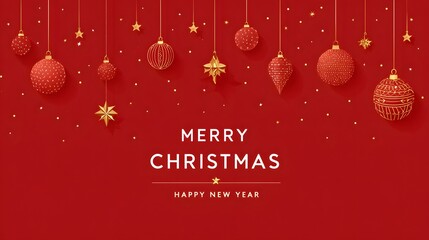 Merry Christmas and Happy New Year greeting card with golden Christmas balls on a red background. Flat illustration with golden Christmas balls on a red background
