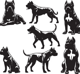 Pitbull Dog Silhouette Vector Set Black and White Pitbull Illustrations Canine Pet Graphics