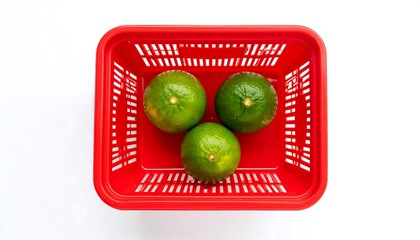 Three green limes in a red basket on a white background.