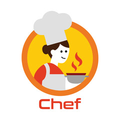 A cheerful female chef wearing a traditional tall white toque hat and apron holding a cooking pan with steam rising representing culinary arts and food preparation