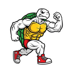 Muscular cartoon turtle running fast in red sneakers