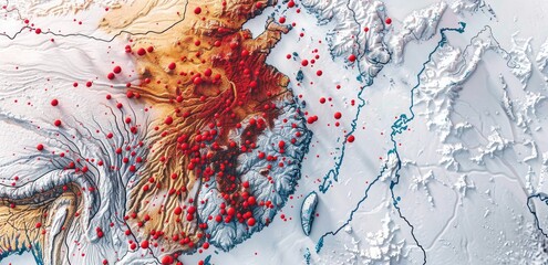 Topographic map featuring a region with numerous red dots concentrated over varied terrain, suggesting data points overlaid on elevation