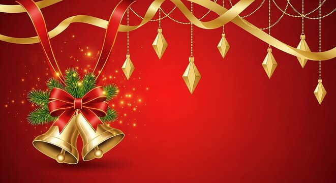 Golden christmas bells with red ribbons and festive ornaments on red background