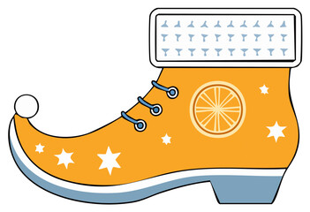 Whimsical orange elf boot with a citrus slice and star decorations