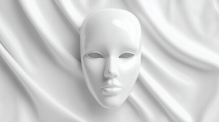Minimalist White Mask Resting on Smooth White Fabric With Soft Folds and Textures