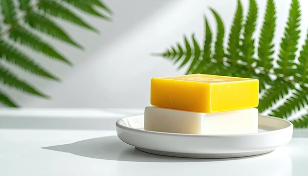 Two bars of soap, one yellow and one white, rest on a small white dish, framed by fern fronds and bathed in sunlight - Powered by Adobe