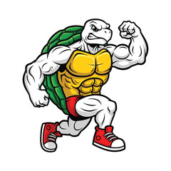 Muscular cartoon turtle running fast in red sneakers