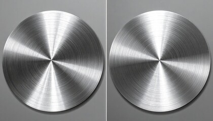 Two circular brushed-metal textures, exhibiting radial lines emanating from the center, against a neutral gray backdrop.  They feature a subtly contrasting sheen