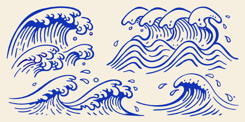 Fototapeta premium Stylized blue ocean waves and water droplets in a simple line art design on a cream background