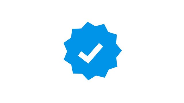 A digital animation motion of a blue checkmark seal, the universal symbol for a verified social media account status, isolated on a white background. ig, instagram