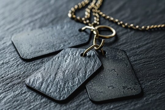 Two dark, rectangular slate tags hang from a gold chain on a dark surface.  The tags show subtle texture