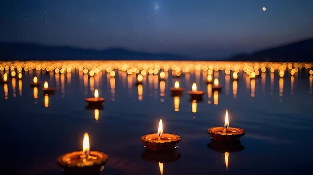 Floating candles light festival night blue water reflections
