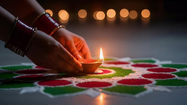 Hands lighting diwali diya on colorful rangoli celebration