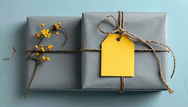 Two grey gifts, simply wrapped with twine, and a blank yellow tag on top, lie on a light blue background, adorned with small yellow flowers