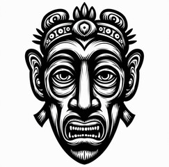 Mystical Tribal Mask: A black and white illustration of a detailed tribal mask, evoking mystery and ancient symbolism.