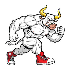 Muscular white bull character running in red sneakers