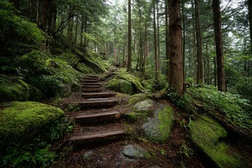 Forest trail with mossy steps in lush greenery
