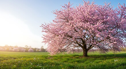 Vibrant cherry blossom tree in a sunlit spring field.