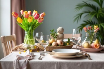 A cozy Easter dining setup with pastel accents, featuring a table adorned with tulips, delicate plates, and rustic decorations , setup, flowers