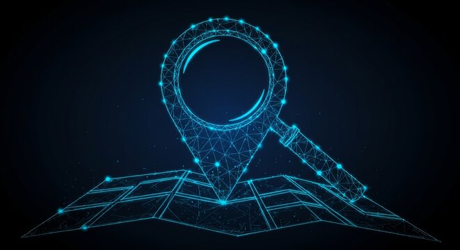 Geolocation map pin — navigation and GPS tracking hologram on digital grid