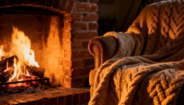Close-up cinematic shot of cozy armchair with knitted blanket beside crackling fireplace, warm glow and flickering light creating intimate atmosphere