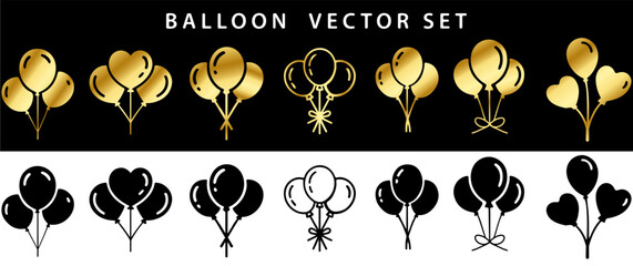 Gold and Black Balloon Hand-Drawn Vector Set – Luxury Party Decoration, Celebration, and Festive Event Graphic Illustration