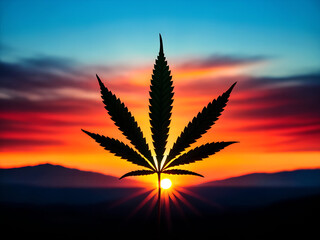 Silhouette of a cannabis leaf against a vibrant sunset sky