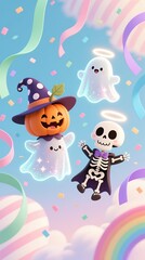 Naklejka premium Pumpkin ghost, skeleton, and angel ghosts floating with confetti, ribbons, and rainbow in the sky for Halloween celebration illustration