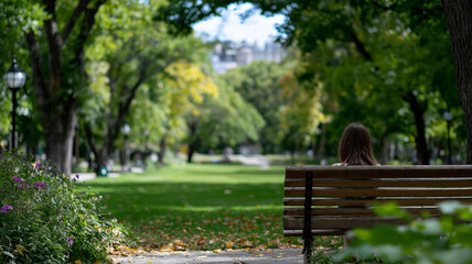 Serene outdoor park scene with a person sitting on wooden bench captured from behind surrounded by lush green grass, tall trees, blooming flowers, and dappled sunlight for tranquil nature relaxation c