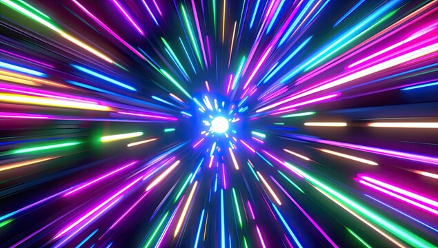 Vibrant, multicolored light streaks radiate from a central point, creating a dynamic, fast-paced visual effect reminiscent of hyperspace or a cosmic tunnel