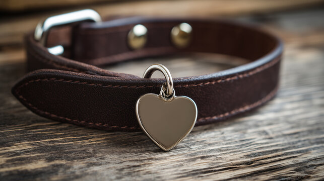 Leather dog collar with heart tag on wooden background