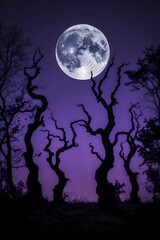 Fototapeta premium professional photo of a Vertical 9:16 framed spooky forest silhouette with twisted gnarled trees under a glowing full moon a dark purple gradient sky that gradates to a deep indigo towards the top lar