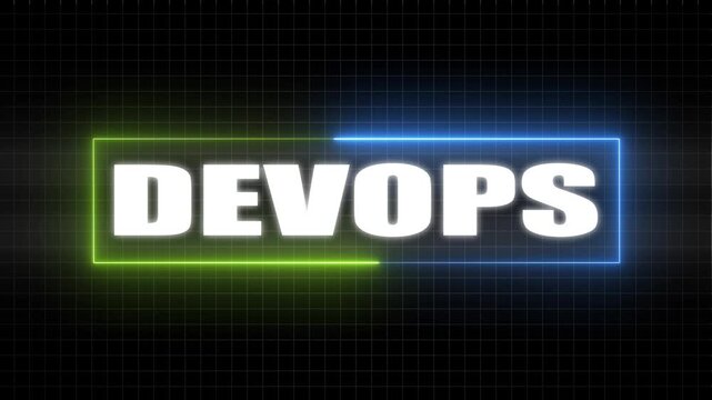 White Dev Ops text in a glowing neon blue and green rectangular frame on a dark grid background DevOps